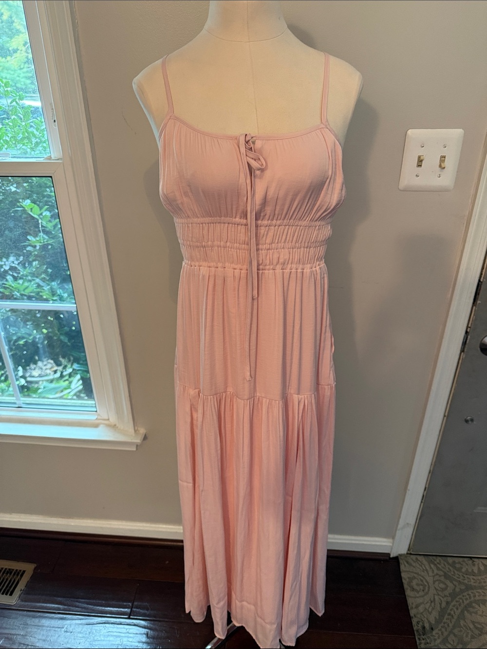 Light Pink Spaghetti-Strap Maxi Dress with Smocked Waist